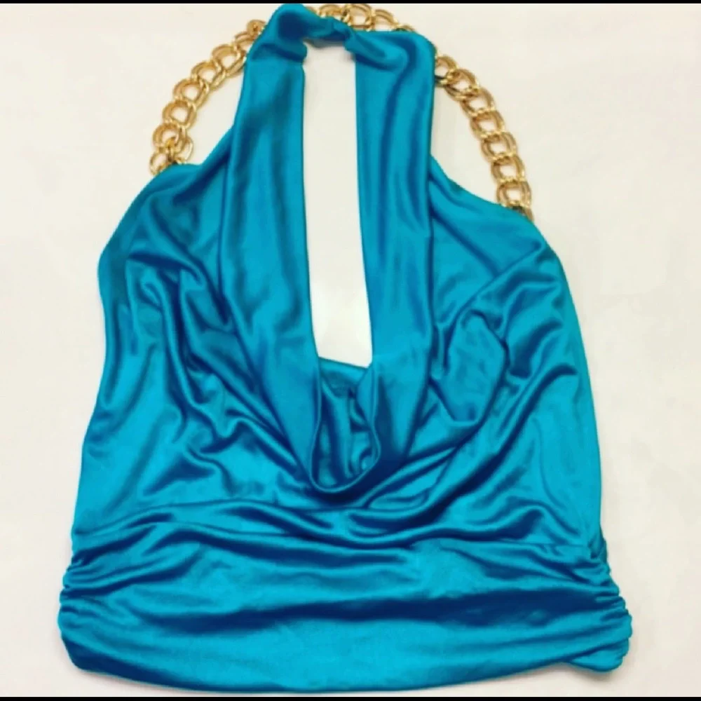 Draped Teal Top with gold chain back - Picture 3 of 4